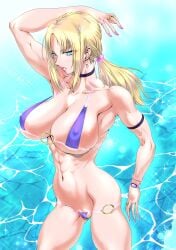 1girls abs aqua_eyes big_breasts bikini blonde_hair choker earrings erect_nipples_under_clothes female female_only hi_res long_hair looking_at_viewer micro_bikini narrowed_eyes nina_williams ponytail purple_lipstick solo tekken thick_thighs yuri-ai