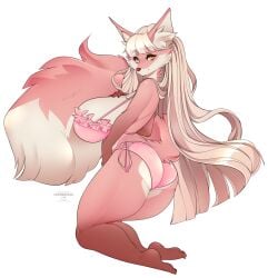 2018 anthro ass barefoot big_breasts bikini biped breasts canid canine cherrikissu claws clothed clothing digital_media_(artwork) feet female fennec_fox fox hair hi_res hindpaw huge_breasts long_hair looking_at_viewer loyse mammal paws simple_background smile solo swimwear text thick_thighs toe_claws toes true_fox two-piece_swimsuit white_background yellow_eyes