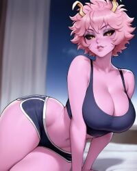 1girls ai_generated ashido_mina big_breasts booty_shorts bra breasts floox hips horns large_breasts leaning mina_ashido pink_hair pink_skin seductive seductive_smile shorts smile sports_bra thiccwithaq_(ai_style) thick_thighs thighs wide_hips yellow_eyes