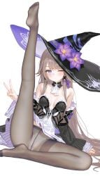 absurdres ai-generated black_dress black_hat breasts brown_hair cleavage crotch_seam detached_sleeves dress female flower hair_ribbon hat hat_flower herta_(honkai:_star_rail) highres honkai:_star_rail honkai_(series) leg_up looking_at_viewer one_eye_closed panties pantyhose purple_eyes purple_flower purple_ribbon ribbon solo the_herta_(honkai:_star_rail) underwear v white_background white_panties witch_hat yae_sakura_(a6819056)