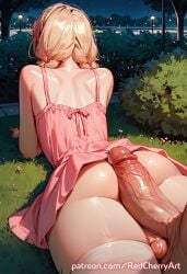 ai_generated big_penis blonde_hair braid buttjob crossdressing femboy from_above from_behind night park prone_bone redcherryart sissy trap veiny_penis