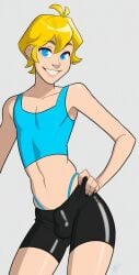 1femboy 2d 2d_(artwork) aeolus06_(style) ai_generated black_shorts black_spandex blonde_femboy blonde_hair blonde_hair_blue_eyes blonde_hair_femboy blue_eyes blue_panties blue_tank_top blue_thong civitai cowboy_shot femboy grey_background highleg_panties highleg_thong light-skinned_femboy light_skin looking_at_viewer midriff milf_enjoyer navel panties simple_background smiling_at_viewer spandex_shorts stomach tank_top twink white-skinned_femboy white_skin