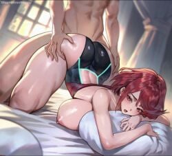 bed big_ass big_breasts big_thighs grabbing_ass hugging_pillow pyra_(xenoblade) red_hair sex shamelessfroggy skin_tight_suit