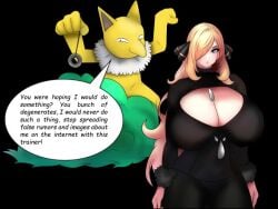 big_breasts blonde_hair chorquistudios clothed clothed_female cynthia_(pokemon) dialogue dialogue_box explosion funny game_freak garchomp huge_ass huge_breasts hypno joke loud_sound meme milf pokemon red_eyes scary sound tagme video