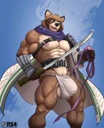 abs anthro asian_clothing balls clothing east_asian_clothing epic_games eye_scar facial_scar fortnite fundoshi genitals hajime_(fortnite) japanese_clothing katana male male_only mammal melee_weapon muscular muscular_anthro muscular_male nexus nipples pecs procyonid raccoon scar solo sword underwear weapon