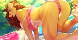 2019 all_fours anthro ass big_breasts bikini bird_dog blue_eyes breasts brown_hair canid canine canis cherrikissu clothed clothing digital_media_(artwork) domestic_dog ear_piercing female golden_retriever hair huge_breasts hunting_dog long_hair looking_at_viewer looking_back mammal piercing retriever rhoda_(faizenek) rhoda_(the_dogsmith) solo swimwear two-piece_swimsuit underboob