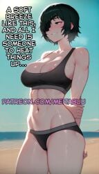 abs areola_slip arms_behind_back beach bikini black_hair black_sports_bra blue_sky blush breasts chainsaw_man cleavage collarbone comic cowboy_shot day drooling english_text eyepatch female green_eyes himeno_(chainsaw_man) large_breasts meitabuu navel ocean outdoors saliva sand short_hair sky smile solo sports_bra standing stomach sweat swimsuit thighs tonedmeitabuu underwear wet