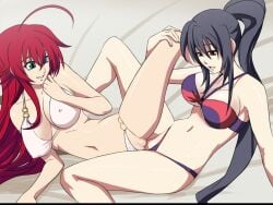 2girls ahoge akeno_himejima bed bikini black_hair blue_green_eyes couple crimson_hair erect_nipples_under_bra female female/female female_only high_school_dxd large_breasts lesbian lesbian_sex light_skin ponytail rias_gremory scissoring sex shaved_pussy tribadism very_long_hair violet_eyes voluptuous whentai yuri