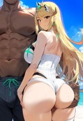 ai_generated ass ass_grab beach beach_background beach_sex big_breasts blonde_female blonde_hair blonde_hair_female breasts cheating cheating_wife dark-skinned_male dark_penis dark_skin gold_eyes himeno muscular_male mythra mythra_(xenoblade) netorare ntr snowbunny swimsuit xenoblade_(series)