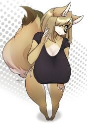 2018 absurd_res anthro barefoot big_breasts biped black_nose breasts brown_body brown_fur brown_hair canid canine canis cherrikissu cheyenne_(inu-dono) clothed clothing coyote digital_media_(artwork) eyewear feet female fur glasses hair hair_over_eye hanging_breasts hi_res huge_breasts looking_at_viewer mammal natural_breasts one_eye_obstructed paws shirt simple_background smile solo toes topwear white_body white_fur yellow_eyes