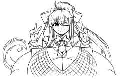 1girls 2025 black_and_white breasts_bigger_than_head bust_portrait button_gap doki_doki_literature_club double_v huge_breasts massive_breasts matsu-sensei monika_(doki_doki_literature_club) peace_sign ponytail sketch tagme winking_at_viewer