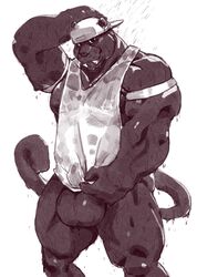 anthro balls big_balls big_balls_small_penis bottomless clothed clothing erection feline huge_balls hyper hyper_balls male male_only mammal nipple_piercing nipples penis piercing shirt small_penis taoren unknown_species wet_shirt