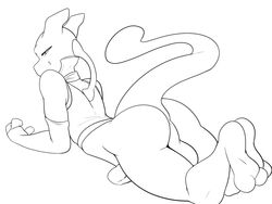 anthro anus balls clothed clothing erection greyscale kami-chan legendary_pokemon male male_only mewtwo monochrome nintendo pokemon pokemon_(species) smile solo tight_clothing video_games