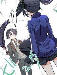 1boy 1girls accidental_circumstance accidental_exposure female flashing genshin_impact long_hair male male/female mona_(genshin_impact) scaramouche_(genshin_impact) school_uniform skirt_lift skirt_up staring staring_at_partner straight wind_lift