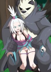 1boy 1girls anthro bear big_breasts blush breasts censored cleavage clothed clothing creatures_(company) game_freak generation_6_pokemon gym_leader nintendo nipples nivi pangoro pokémon_(species) pokemon pokemon_(species) pokemon_bw pokemon_trainer pokemon_xy pokephilia roxie_(pokemon) zoophilia