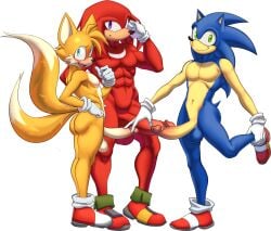 3boys ass balls blush edit embarrassed kareca knuckles_the_echidna male penis sonic_(series) sonic_the_hedgehog tails