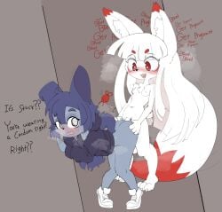 against_surface against_wall anthro anthro_on_anthro anthro_penetrated anthro_penetrating anthro_penetrating_anthro arm_support arm_tuft big_tail black_clothing black_hoodie black_nose black_topwear blue_body blue_eyebrows blue_hair bodily_fluids breasts breath butt canid canine canis clothing crotch_tuft cute_fangs dialogue dipstick_ears dipstick_tail domestic_dog duo ear_markings english_text eye_through_hair eyebrow_through_hair eyebrows fangs female female_penetrated floppy_ears footwear fox fur genital_fluids grey_background gynomorph gynomorph/female gynomorph_penetrating gynomorph_penetrating_female hair hi_res hoodie inner_ear_fluff intersex intersex/female intersex_penetrating intersex_penetrating_female jratking knee_tuft knotting knotting_symbol leg_tuft legs_together long_hair looking_back mammal markings miko_(jratking) mini_(puppy_in_space) multicolored_ears nipples nude_gynomorph open_mouth penetration penile penile_penetration penis_in_vagina plantigrade questionable_consent raised_heel red_body red_eyes red_fur sex shoes shoulder_tuft simple_background small_breasts sneakers spiral spiral_eyes tail tail_markings teeth text topwear translucent translucent_hair tuft vaginal vaginal_fluids vaginal_penetration white_body white_fur white_hair white_inner_ear_fluff