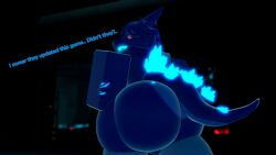 2024 3d ass big_butt blue_fur blue_scales english_text furry huge_butt kahrin_(artist) kaiju_(kaiju_paradise) kaiju_paradise male rear_view reptilian roblox roblox_game scalie solo tagme text