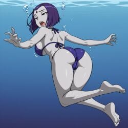 1girls ai_generated air_bubbles asphyxiation ass barefoot bikini bubbles cameltoe dc_comics drowning feet female freediving ocean rachel_roth raven_(dc) sea sexfightfun sideboob solo swimming swimsuit teen_titans underwater underwater_peril warner_brothers water