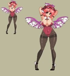 2d big_breasts breasts bunnysuit cleavage female hands_behind_head huge_breasts large_breasts leotard looking_at_viewer mystia_lorelei pantyhose pixel_art solo takorin thighband_pantyhose touhou wings