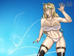 aaaninja blonde_hair blue_eyes bra breasts_pressed_on_glass end_page face_on_glass gritted_teeth hand_on_glass large_breasts one_eye_closed panties pressed_on_glass sekirei straps thick_thighs tsukiumi