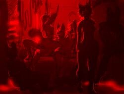 abstract anthro breasts canine erection feline female group male mammal nude red_theme sex sketch smile straight strip_club tsukinori wide_hips