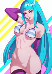 absurdres artist_name bangs bikini bikini_top blue_hair blush bottomless breasts cowboy_shot curvy dandon_fuga detached_sleeves eyelashes female female_only hairless_pussy hand_behind_head highres human large_breasts long_hair me!me!me! meme_(me!me!me!) navel nipple_bulge perky_breasts purple_eyes pussy sidelocks skindentation smile solo striped_bikini thighhighs toned very_long_hair