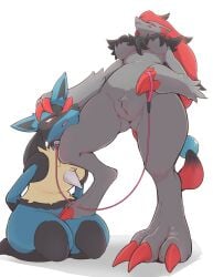 ambiguous_gender anthro ass biped black_body black_fur blue_body blue_eyes blue_fur bondage breasts butt_from_the_front claws collar crotch_tuft dominant dominant_female dorito_ru duo featureless_crotch female fur generation_4_pokemon generation_5_pokemon grey_body grey_fur hands_behind_back head_grab hi_res holding_leash holding_object kneeling leash leashed_collar low-angle_view lucario nintendo pokemon pokemon_(species) red_eyes simple_background stepped_on submissive submissive_ambiguous tan_body tan_fur tuft under_boob white_background zoroark