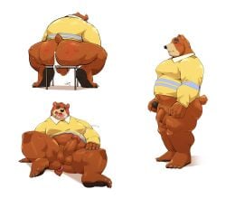 1boy absurdres animal_crossing animal_ears ass bara barefoot bear_boy bear_ears bear_tail belly brown_fur bruise_on_ass claws covered_nipples cum cum_in_ass dildo drooling erection fat flaccid foreskin furrowed_brow furry furry_male highres jumperbear looking_at_viewer looking_to_the_side male_focus open_mouth orgasm pawpads plump prostate_massager sex_toy shirt sitting tail teddy_(animal_crossing) testicles yellow_shirt