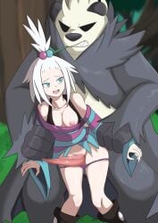 1boy 1girls anthro bear big_breasts blush breasts censored cleavage clothed clothing creatures_(company) game_freak generation_6_pokemon gym_leader nintendo nipples nivi pangoro penis pokémon_(species) pokemon pokemon_(species) pokemon_bw pokemon_trainer pokemon_xy pokephilia questionable_consent roxie_(pokemon) zoophilia