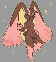 anthro big_ears blush bodily_fluids breasts brown_body brown_fur buckteeth cheek_tuft facial_tuft fur generation_4_pokemon genital_fluids genitals grey_background gynomorph heart_symbol hi_res intersex long_ears looking_at_viewer lopunny markings navel nintendo nsfwbunniii nude one_eye_closed penis pink_body pink_eyes pink_fur pokemon pokemon_(species) pose shiny_pokemon simple_background slim small_breasts solo teeth tuft wink winking_at_viewer