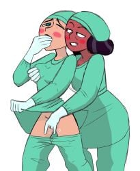 ann_possible blush doctor drpizzaboi1 fingering gloves grabbing_from_behind groping_breast hand_on_mouth kim_possible latex_gloves lifting_shirt no_panties nurse pants_down priyanka_maheswaran reach_around scrubs steven_universe surgeon tagme yuri