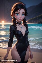 , 1girls ai_generated anna_(frozen) artist_name beach black_choker black_dress black_hair black_thighhighs blue_eyes blurry braid breasts choker cleavage closed_mouth collarbone covered_navel cowboy_shot disney disney_princess dress earrings freckles frozen frozen_(film) frozen_2 hair_over_shoulder heart hi_res jewelry lips long_hair long_sleeves looking_at_viewer medium_breasts necklace no_panties ocean outdoors patreon_username pelvic_curtain pendant progenarts side_slit small_breasts smile solo standing thighhighs twin_braids water