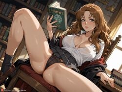 2d ai_assisted ai_generated art big_breasts black_panties blush blush bonnie_darko brown_hair cameltoe cleavage cleavage_cutout harry_potter hermione_granger hogwarts hogwarts_school_uniform hogwarts_student legs_spread on_chair panties reading reading_book self_upload shirt shoes sitting skirt socks spying sunlight thick_ass thick_thighs underskirt