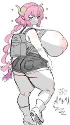 1girls big_breasts gigantic_breasts ilulu_(dragon_maid) jean_shorts looking_at_viewer looking_back miss_kobayashi's_dragon_maid mumutamu0326 peace_sign pink_hair red_eyes shorts sketch smug tagme thick_breasts thick_thighs voluptuous