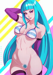 absurdres artist_name bangs bikini bikini_top blue_hair blush bottomless breasts cowboy_shot curvy dandon_fuga detached_sleeves eyelashes female female_only female_pubic_hair hand_behind_head highres human large_breasts long_hair me!me!me! meme_(me!me!me!) navel nipple_bulge perky_breasts pubic_hair purple_eyes pussy sidelocks skindentation smile solo striped_bikini tanline thighhighs toned very_long_hair