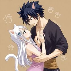 1male ai_generated black_hair carla_(fairy_tail) cat_ears couple fairy_tail gray_fullbuster petite_female white_hair