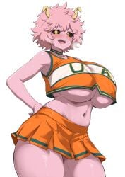 1girls ass big_ass big_breasts black_eyes blush breasts cheerleader cheerleader_uniform choker female horns mina_ashido moaning my_hero_academia pink_hair pink_skin thick_thighs thighs white_background yamaori yellow_sclera