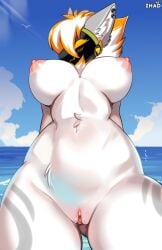 anthro beach big_breasts breasts female female_only furry juno_(my_furry_protogen) my_furry_protogen nude nude_female protogen pussy white_fur zhadart