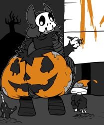 abey_(abeybubble) abeybubble anthro ass bat bone butt_focus cosplay crouching food fruit hi_res mammal mask plant pumpkin pumpkin_butt rear_view restricted_palette skull skull_mask solo