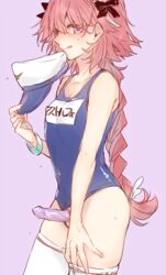 1boy astolfo_(fate) blush braid citron_82 condom condom_on_penis cute_fang fate/apocrypha fate_(series) femboy hair_ribbon long_hair looking_at_viewer male male_only one-piece_swimsuit penis pink_hair purple_eyes ribbon single_braid smile solo swimsuit tied_hair trap white_background