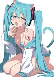 all_fours blush brat cat_ears cat_tail catgirl fangs hatsune_miku large_thighs looking_at_viewer micro_bikini open_jacket petite small_breasts striped_bikini thick_thighs vocaloid