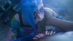 1boy 1girls 3d 3d_(artwork) 3d_model arcane arcane_jinx blender blender3d blender_(artwork) blender_(software) blender_cycles blowjob both_hands_on_cock cum cum_in_mouth cum_inside ekko fit fit_female hi_res highres jinx_(league_of_legends) kenjjoo league_of_legends riot_games self_upload sweat sweaty