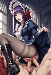 1girls 2boys ai_generated anal anal_sex blue_eyes castlevania castlevania:_portrait_of_ruin double_penetration dress female female_focus hair_between_eyes long_hair loretta_lecarde pantyhose pleasure_face red_lipstick skirt skirt_up vaginal_penetration vaginal_sex violet_hair