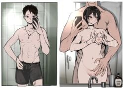 2boys 2n5 bathroom before_and_after choker completely_nude convenient_censoring embarrassed heart_hands holding looking_to_the_side muscular_male nipples nude penis selfie short_hair shorts sink trap yaoi