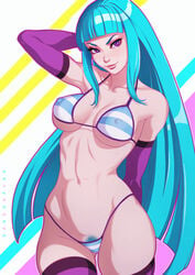 absurdres artist_name bangs bikini blue_hair blush breasts clothed cowboy_shot curvy dandon_fuga detached_sleeves eyelashes female female_only female_pubic_hair hand_behind_head highres human large_breasts long_hair me!me!me! meme_(me!me!me!) navel nipple_bulge perky_breasts pubic_hair purple_eyes sidelocks skindentation smile solo striped_bikini thighhighs toned very_long_hair