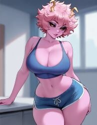 1girls ai_generated ashido_mina big_breasts booty_shorts bra breasts floox hand_on_thigh hips horns large_breasts leaning mina_ashido pink_hair pink_skin seductive seductive_smile shorts smile sports_bra thiccwithaq_(ai_style) thick_thighs thighs wide_hips yellow_eyes