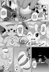 2015 balls blush camera censored closed_eyes comic eeveelution english_text espeon itameshi male nintendo open_mouth penis pokemon pokemon_(species) sylveon tagme text yaoi