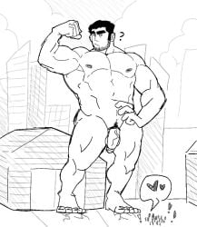 balls bara crawdunk64 facial_hair flaccid flexing lucas_lee macro male male_only monochrome muscles muscular nude penis scott_pilgrim solo solo_male