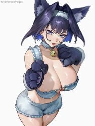 big_ass big_breasts big_thighs black_and_blue_hair boob_window cat_ears kronie_(ouro_kronii) kronii's_booba_jumpscare paws pet_collar shamelessfroggy